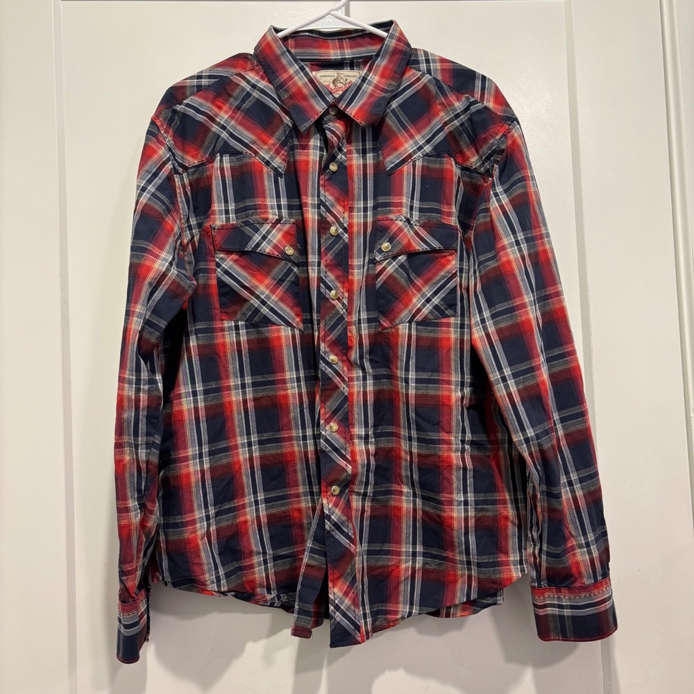 Wrangler American Cowboys Men XL Red Navy Plaid Pearl Snap Western Shirt MV1358M